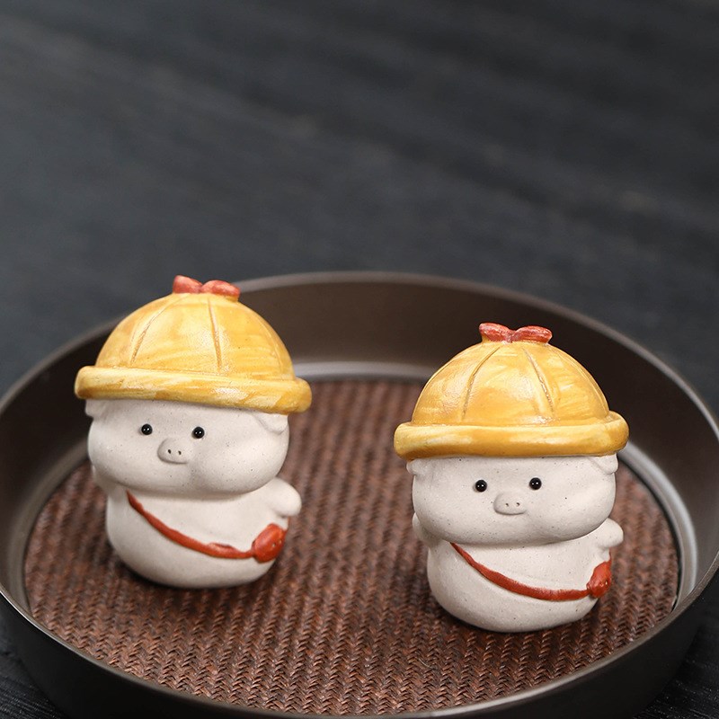 宜兴紫砂茶宠猪小摆件精品手工彩绘茶具茶玩茶道配件车载装饰可养