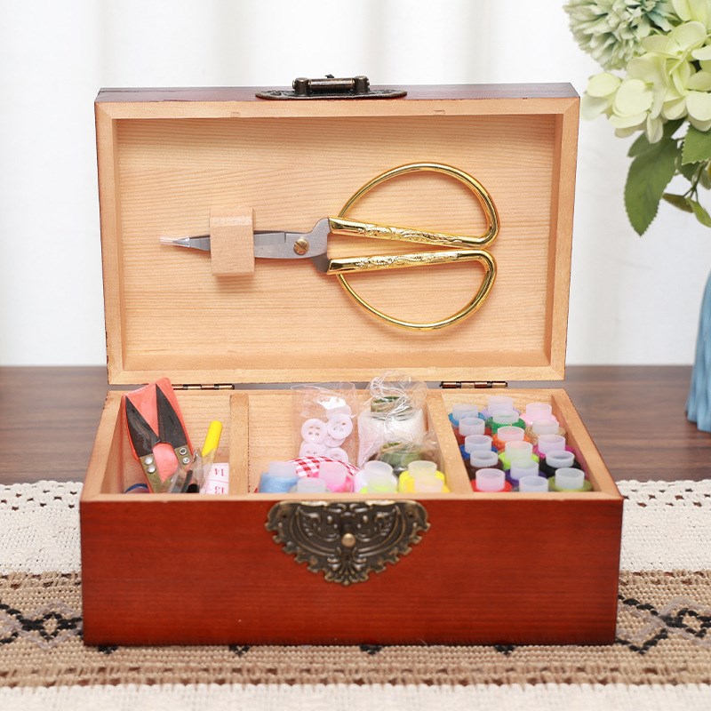 (镂空花纹)家用实木针线盒套装风复古大号针线收纳盒十字绣工具