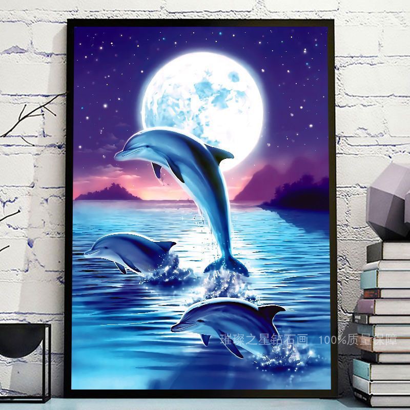 卡通风景钻石画2021新款满钻月亮海豚5d点贴钻十字绣客厅卧室儿童