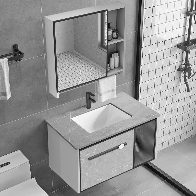 太空铝浴室柜组合现代简约化妆室岩板一体盆洗脸洗手池洗漱桌镜柜