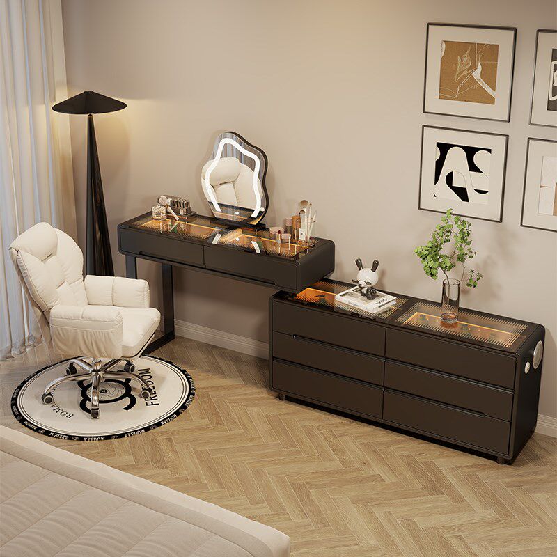 轻奢实木氛围灯梳妆台床头柜现代卧室简约一体网红伸缩智能化妆桌