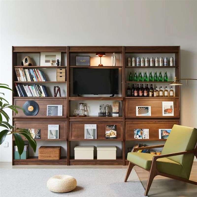 星月故里黑胡桃木书柜储物柜一体整墙客厅组合展示柜实木书架定制