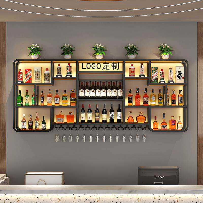 酒吧吧台靠墙酒架壁挂式置物架餐厅创意发光酒柜铁艺红酒架子