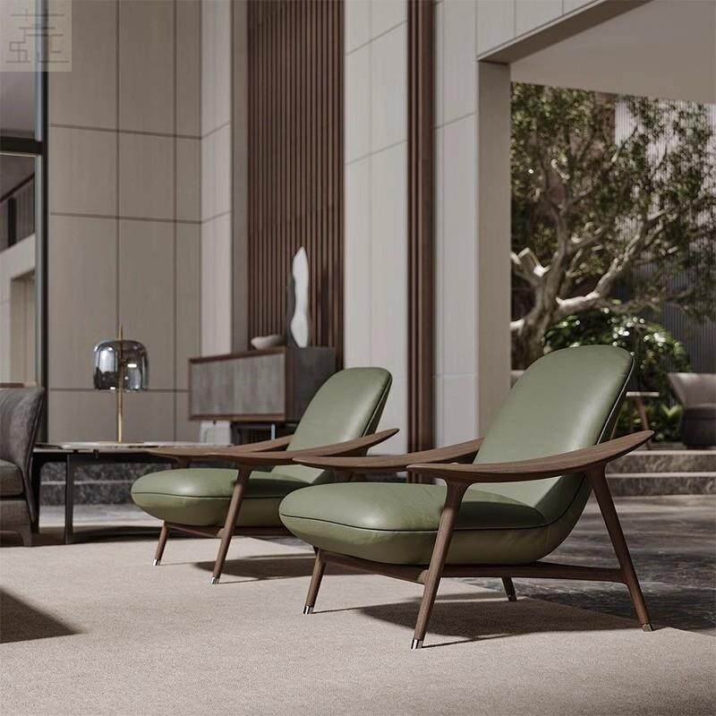 北欧设计师实木皮艺休闲椅客厅阳台卧室懒人躺椅轻奢网红沙发单椅