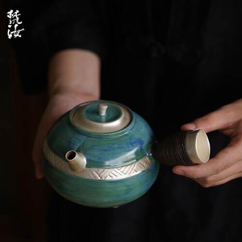 梵汝粉引腰带鎏银井拙侧把提梁壶户外粗陶炭烧围炉煮茶煮茶壶防烫