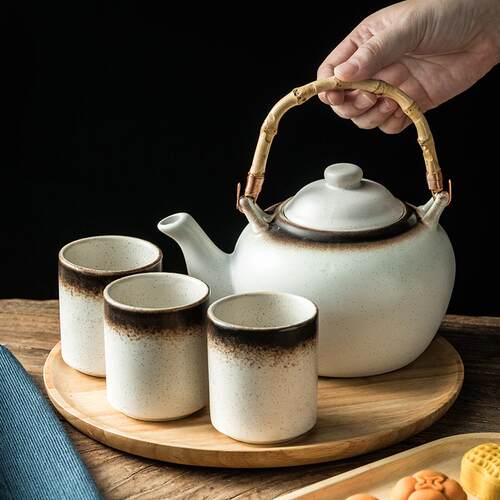 日式大茶壶杯壶套装饭店餐厅竹编手提陶瓷水壶泡茶壶复古提梁单壶