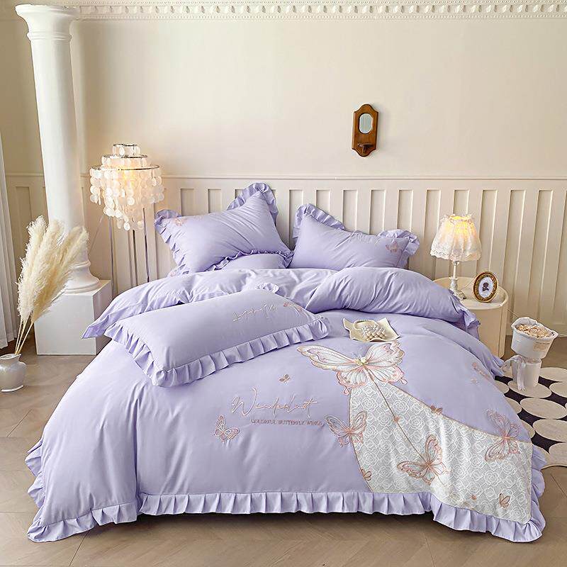 2025新款绣花四件套水洗棉刺绣韩版家用被套柔软亲肤荷叶边床裙