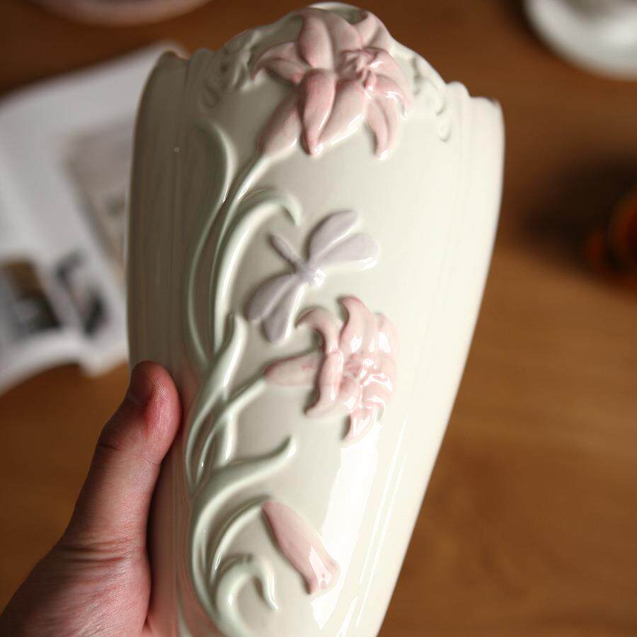 RVN微瑕外单美田园风绘浮手雕敞口合百花插花鲜花花陶瓷式花瓶