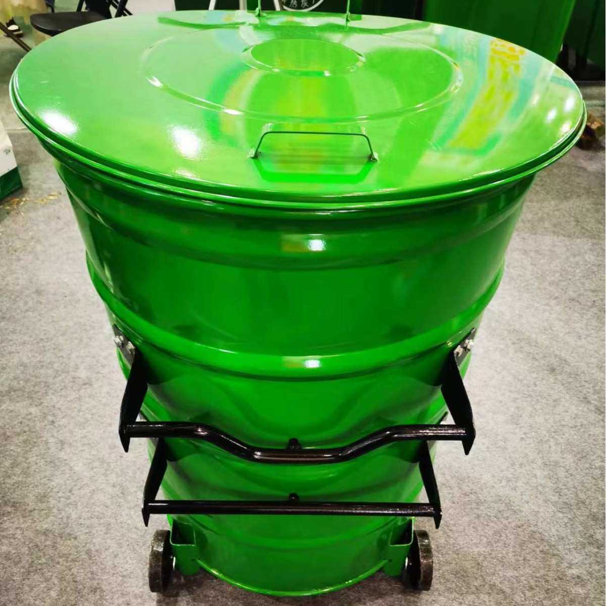 厂家供应360升圆形铁质垃圾桶镀锌钢板挂车垃圾桶360l铁皮圆圆筒