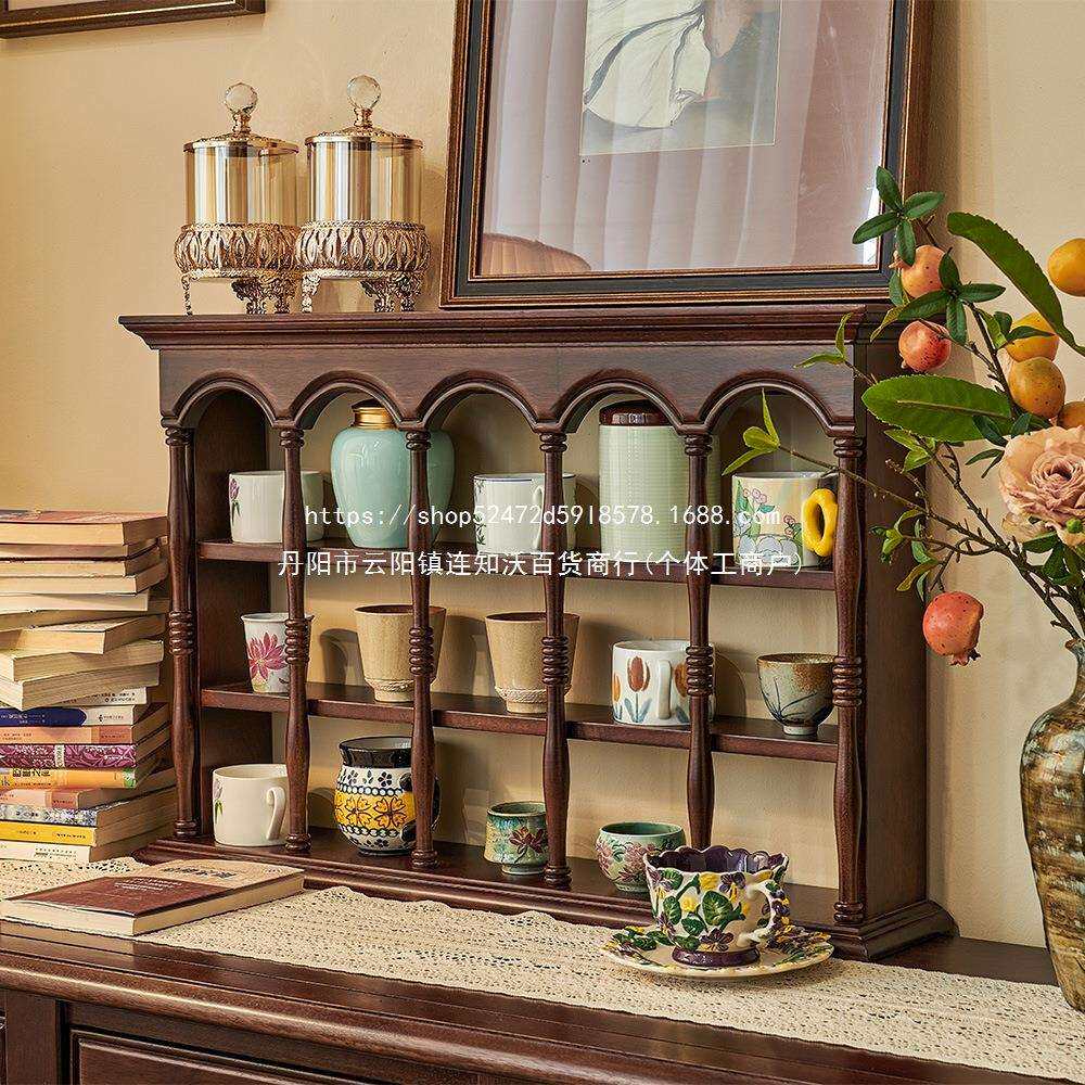 美式实木杯架复古餐桌置物墙壁吊柜中古咖啡杯展示柜三层挂墙架