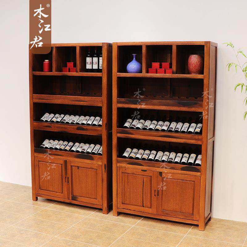 老船木实木红酒柜家用客厅隔断落地酒窖展示柜中式古风储物柜酒架