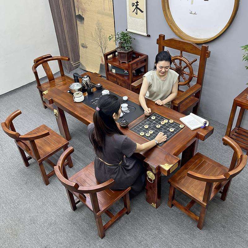 实木茶桌椅组合一桌五椅办公室轻奢一体套装家用茶几老船木泡茶台