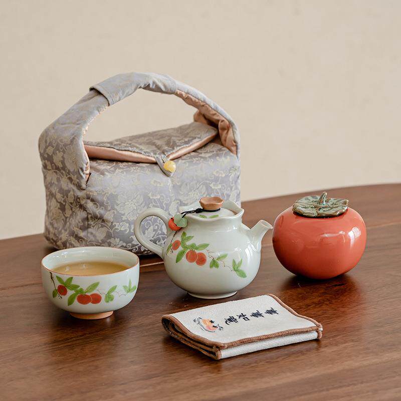 复古一壶一杯一罐茶具套装釉下彩茶壶家用陶瓷手绘柿子功夫旅行