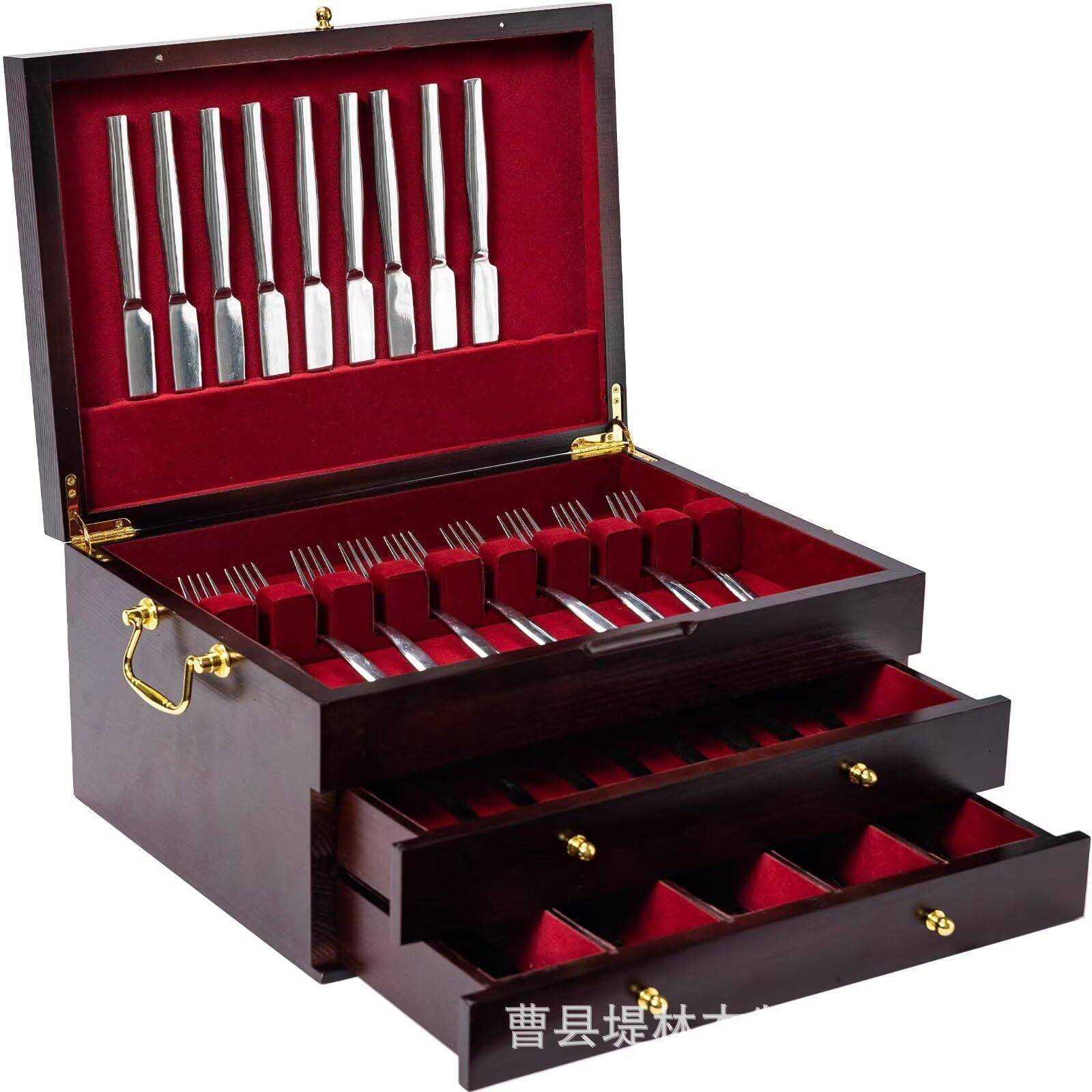 木制银器盒三层木制餐具存储箱抽屉式木制银器收纳箱木制餐具盒