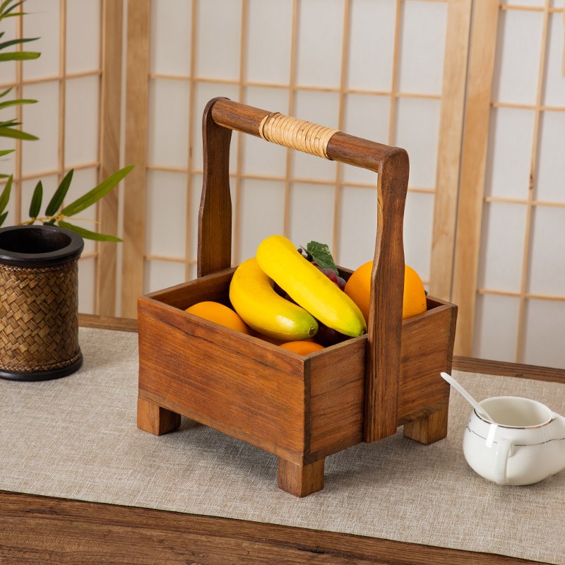 泰国实木手提篮家用买菜篮创意复古水果篮送礼原木茶几厨房收纳篮