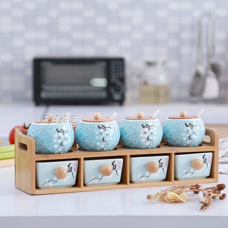 玻璃套装调味盒油盐酱醋盐罐筷子筒竹木架上下抽屉陶瓷调料罐