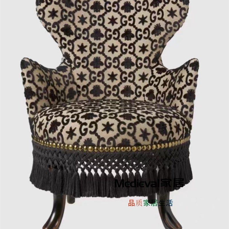 中古法式提花竹节雕花实木简约单人椅子复古设计师艺术餐椅梳妆椅