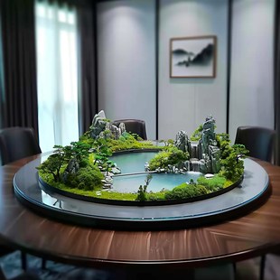 圆桌中间摆件苔藓沙盘工艺品包厢包间水景转盘花艺餐桌电动摆花
