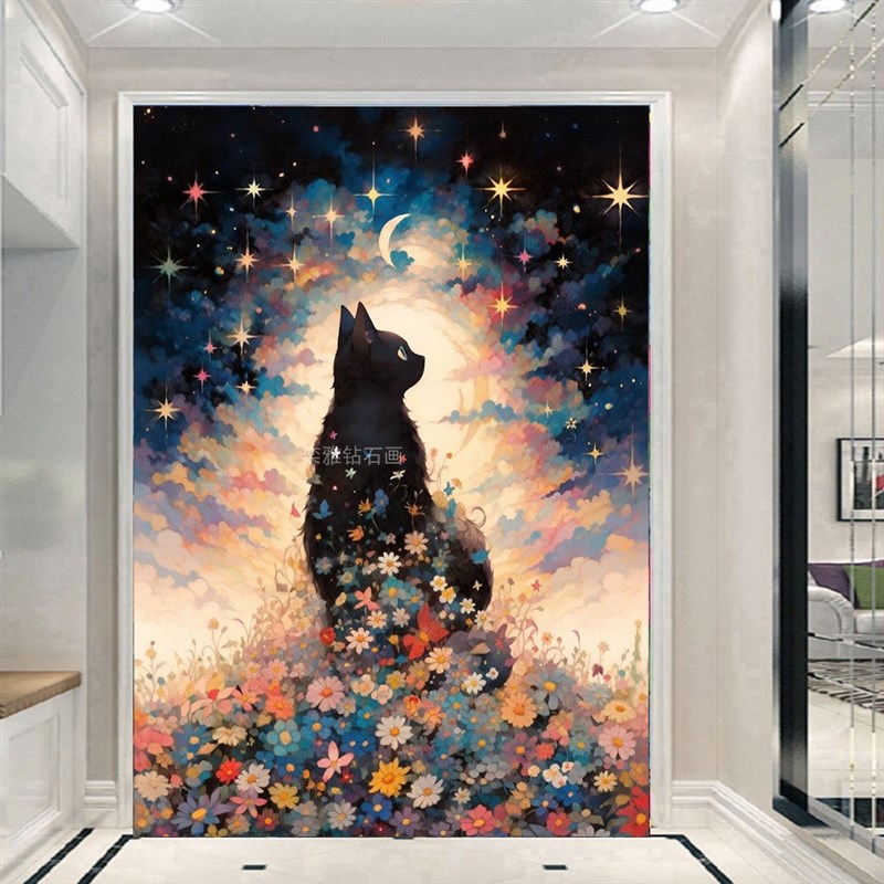 玄关动物DIY方钻满钻钻石画钻石绣黑色猫咪侧影粘贴钻点钻十字绣