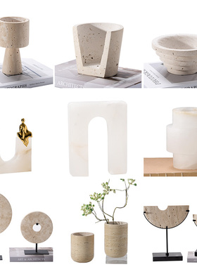 新中式云石系列装饰摆件样板间客厅洽谈桌茶室大理石花器托盘摆设