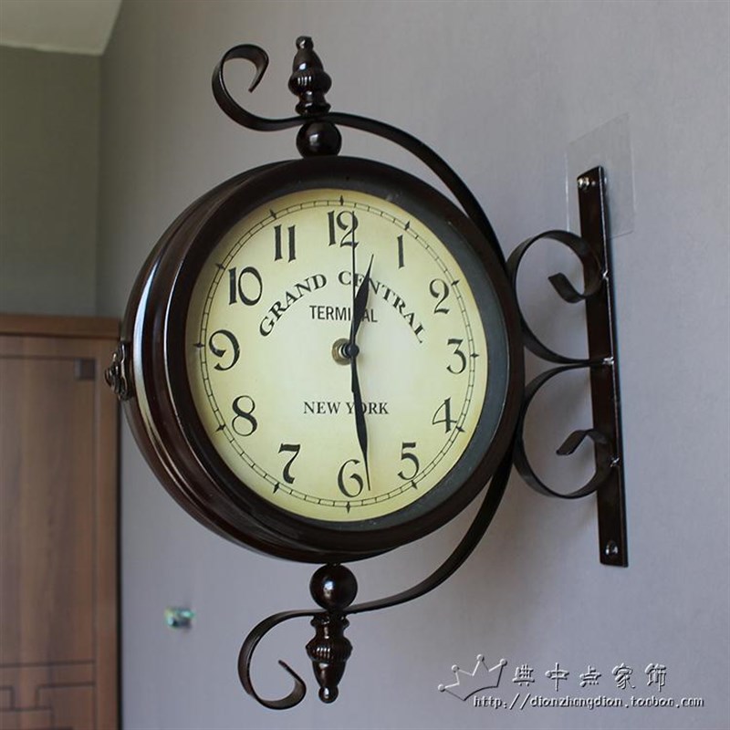 欧式铁艺双面挂钟吊钟创意田园挂表现代客厅壁钟卧室时钟静音包邮