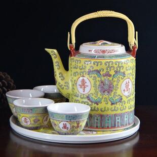 景德镇复古怀旧粉彩万寿无疆陶瓷茶具套装提梁壶凉水壶茶壶老厂货