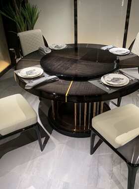 轻奢圆餐桌意式轻奢圆桌别墅餐厅餐桌椅组合不锈钢底座餐台AMN