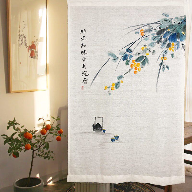 手绘穿杆式门帘棉麻布半帘子中式遮挡柜子隔断帘国风挂帘定制半帘