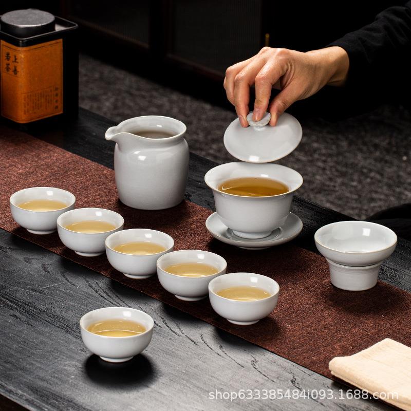月白仿古汝窑茶具整套家用中式复古壶开片汝瓷茶壶盖碗茶道泡茶器