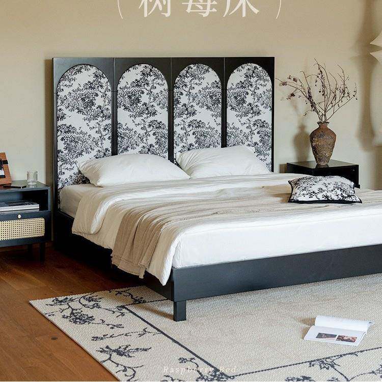 碧洛轩树莓床法式中国风屏风床全实木黑色布艺床软包床轻奢简约床