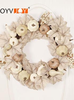 鸿禹感恩节白色绢花南瓜花环前门家居装饰壁挂花圈仿真枫叶
