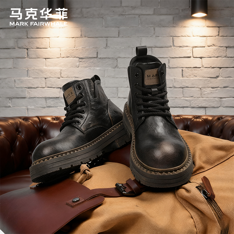 马克华菲马丁靴男黑色皮靴男款鞋子工装男鞋冬季靴子男士高帮皮鞋,流行男鞋,马丁靴,淘宝优惠券,粉丝福利购,淘宝优惠卷
