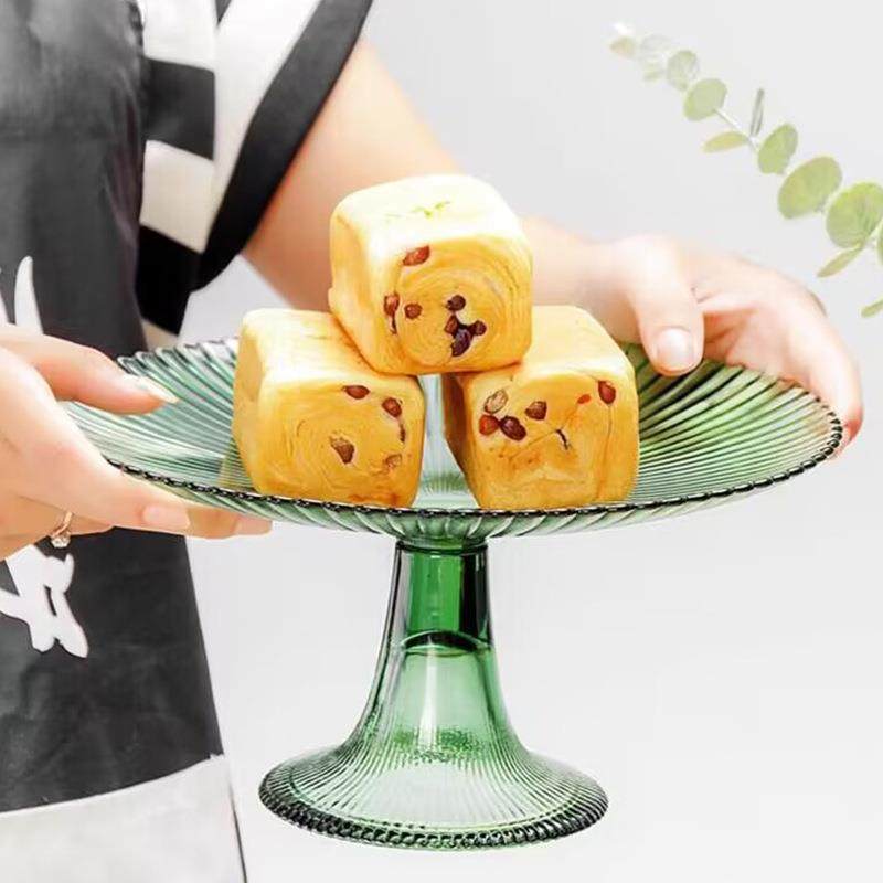 墨绿色现代创意轻奢高脚水果盘家居客厅茶几餐桌彩色条纹玻璃盘