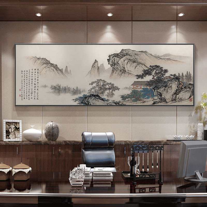新中式客厅沙发山水画大气办公室大画晶瓷带框挂画装饰壁画