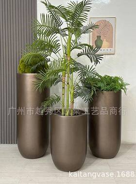 热销欧式玻钢圆型花器璃落地插花JY55161商场酒店大厅花艺瓶写柱