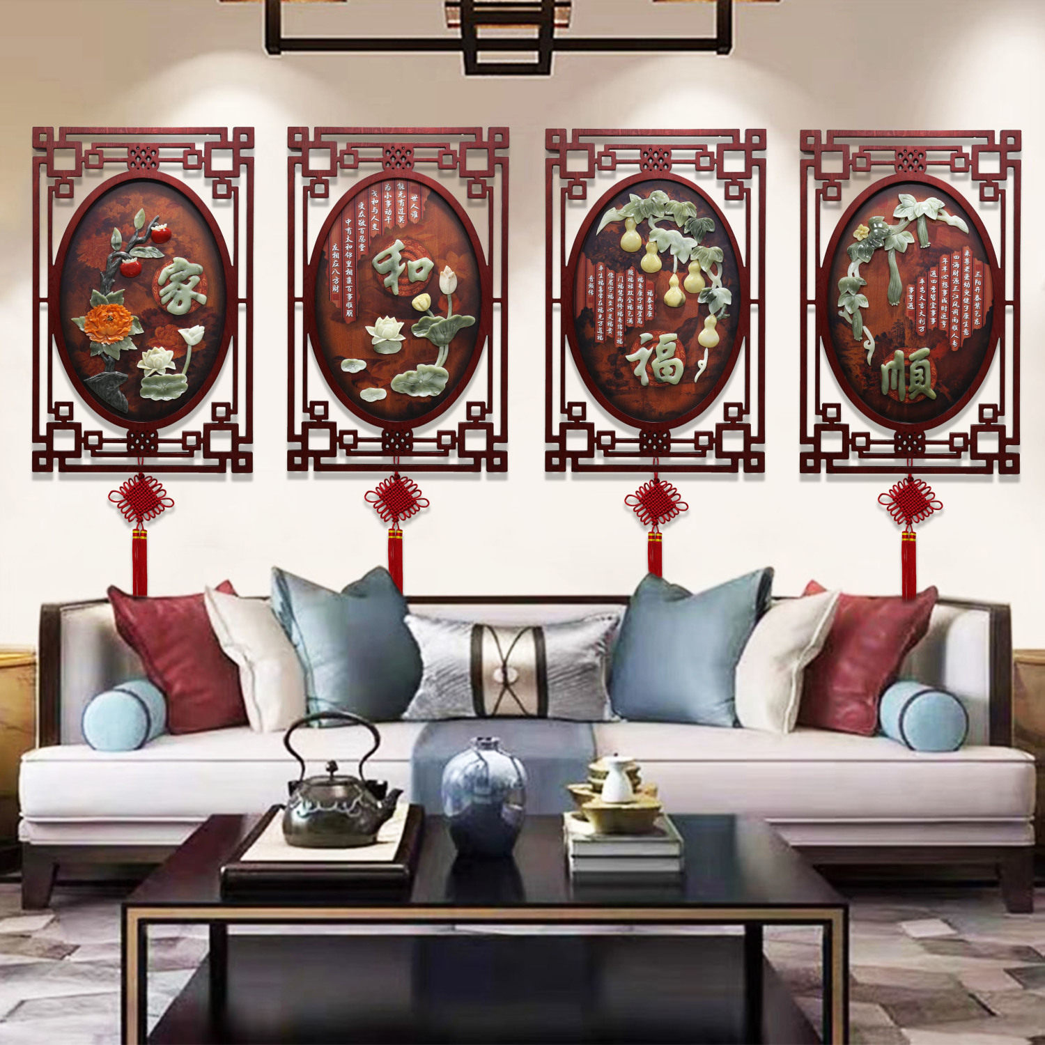 沙发背景墙装饰画中式客厅三联玉雕挂画大气玄关卧室餐厅墙面挂件