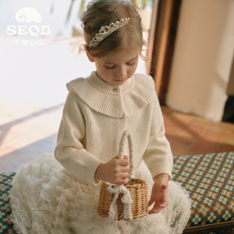 【SEQB小象Q比】2025秋冬新款镂空花纹针织外套荷叶领含羊毛开衫