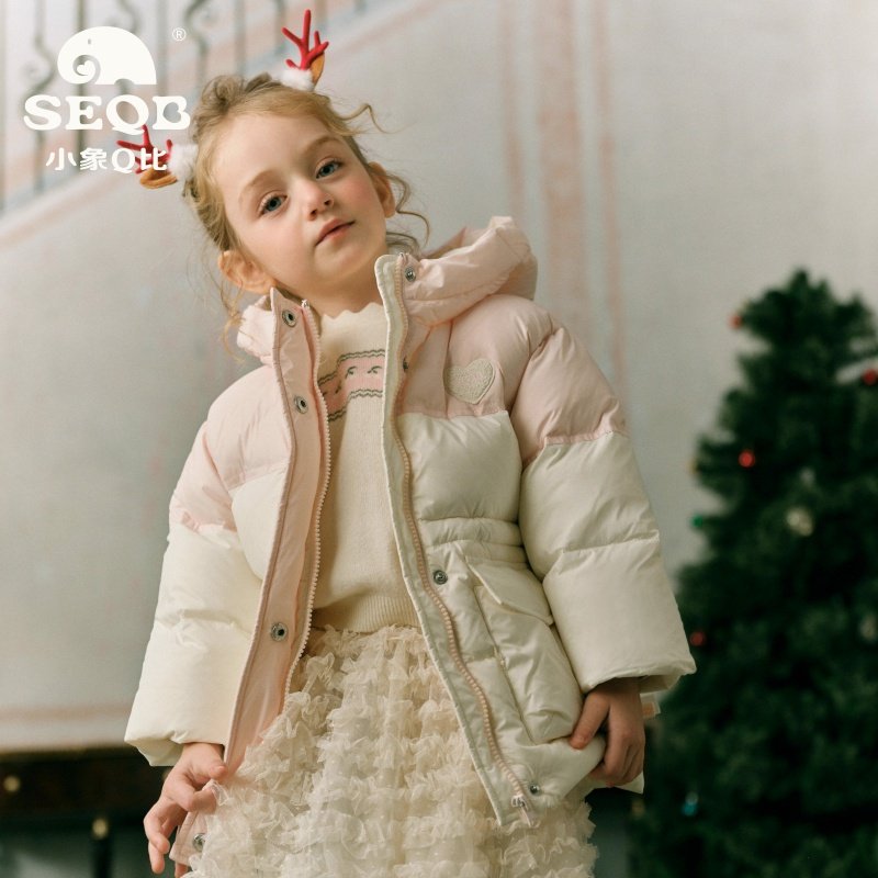 【SEQB小象Q比】冬季加厚收腰中长款羽绒服女童拼色保暖羽绒外套