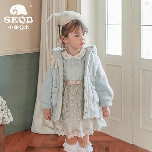 【SEQB小象Q比】棉线袖拼接毛毛翻领连衣裙后背拉链可拆卸飘带裙