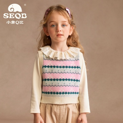 【SEQB小象Q比】100%绵羊毛秋冬条纹针织马甲女童外穿背心马夹