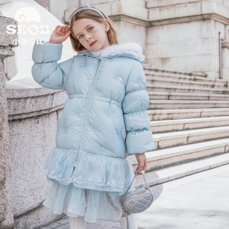 【SEQB小象Q比】 冬款连帽蝴蝶结设计蕾丝锁边可收腰中长款羽绒服