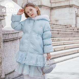 【SEQB小象Q比】 冬款连帽蝴蝶结设计蕾丝锁边可收腰中长款羽绒服