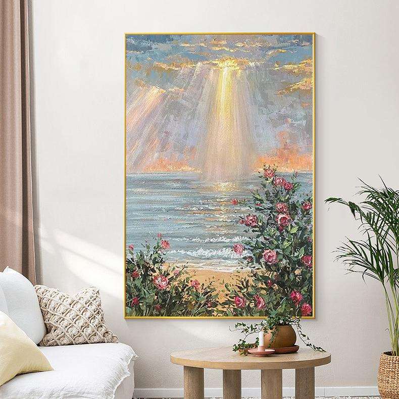 纯手绘油画日出玫瑰海岸风景玄关装饰画现代简约客厅立体肌理挂画