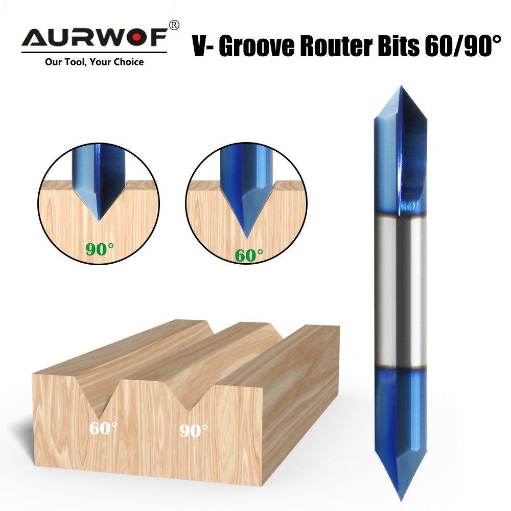 1/4柄整体硬质合金纳米蓝涂层双头尖钻60度90度v型木工开槽工具