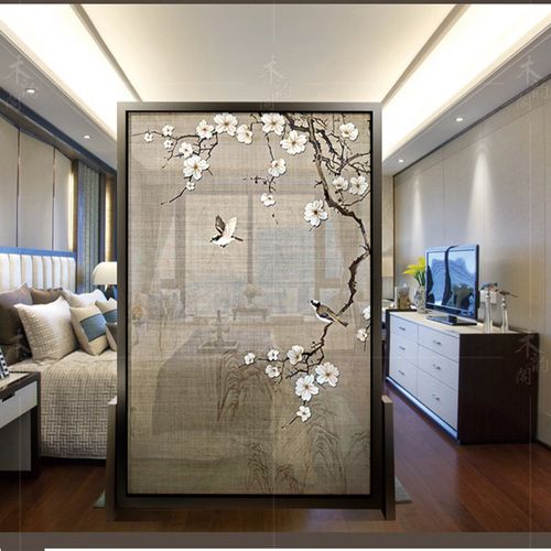 热销新中式屏风隔断客厅卧室布艺玄关半透实木座梅花简约现代161