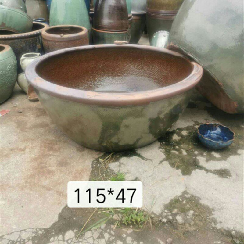 敞口粗陶浅盆浅缸荷花缸莲花缸鱼缸鱼盆园林景观布景装饰种植户外