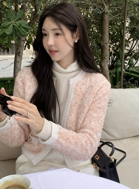 LAPLA小香风软糯亲肤圆领镶边针织开衫外套misscatye正品韩国直邮