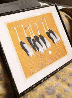 中日卧式群鹤图C156装饰画餐厅原室床头复古竹节框挂画新中式古木