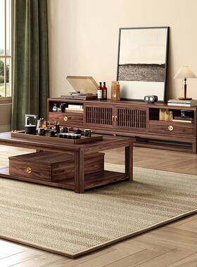 新中式约实木视柜高款黑胡桃木简客厅家用几茶电21612视电机柜组