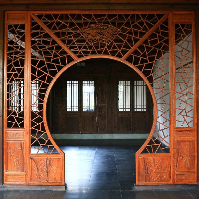 东阳木雕仿古实木门窗雕花屏风隔断客厅月洞门古风摄影圆拱门背景